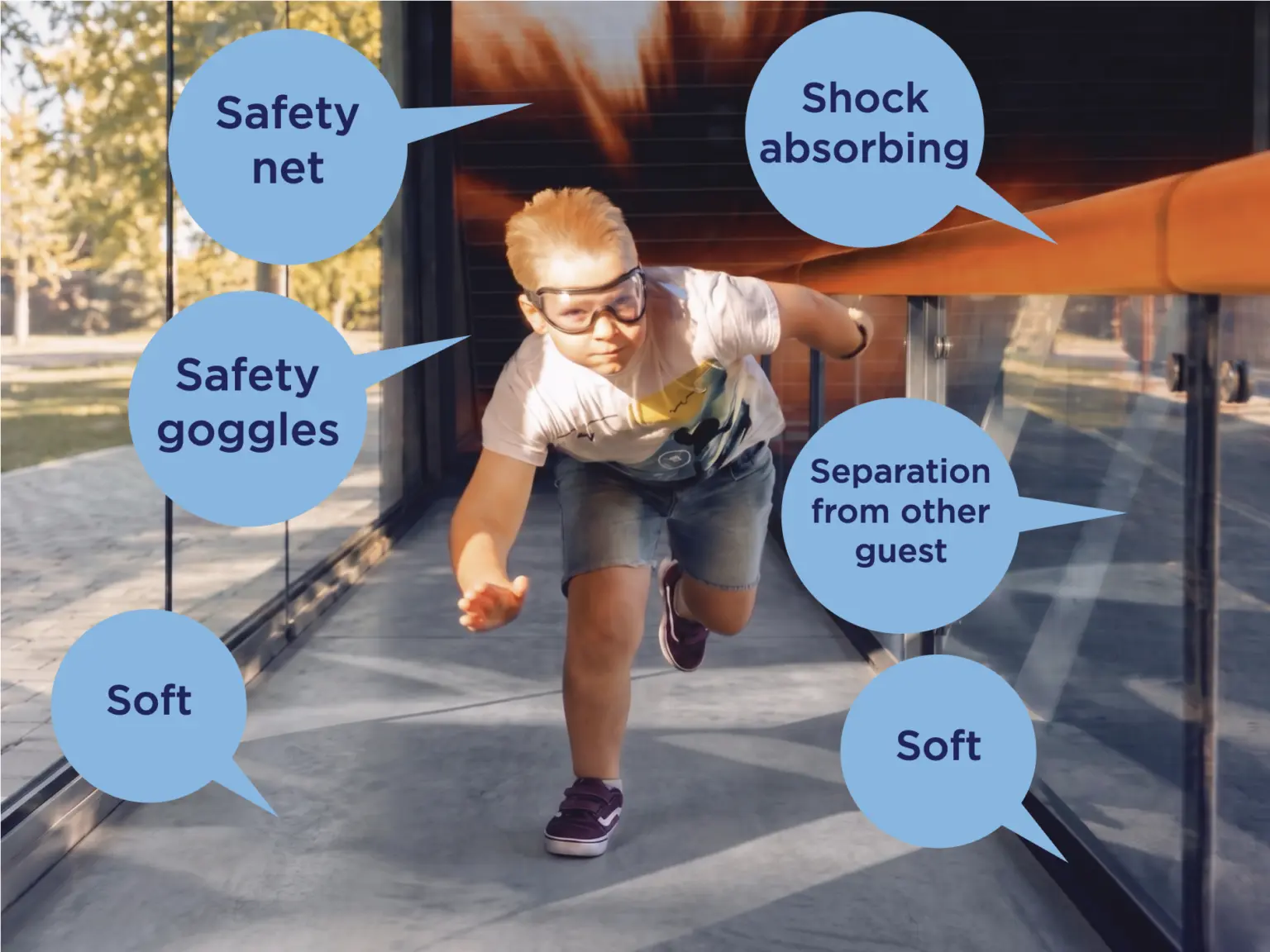 Soft, shock-absorbing surfaces inside the attraction