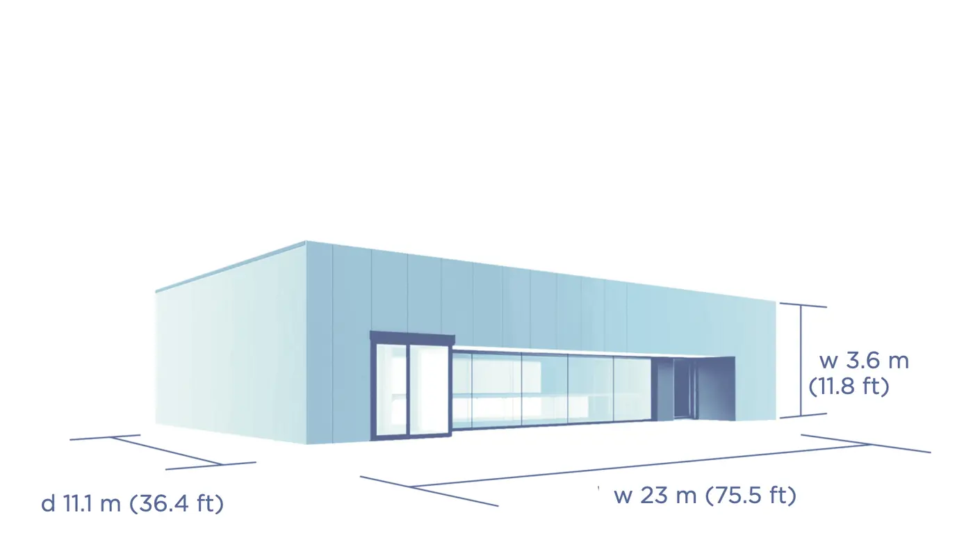 Storm H technical drawing: height 3.8 m, depth 10.9 m, width 23 m