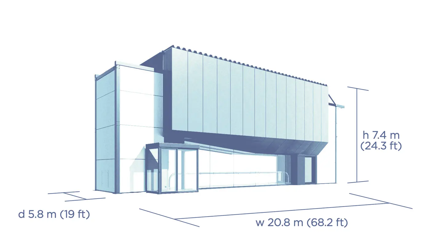 Storm V technical drawing: height 7.4 m, depth 5.8 m, width 20.8 m